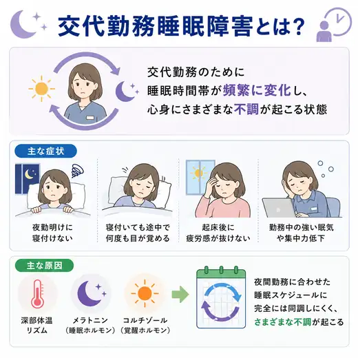 交代勤務睡眠障害の主な症状と主な原因をまとめた図解