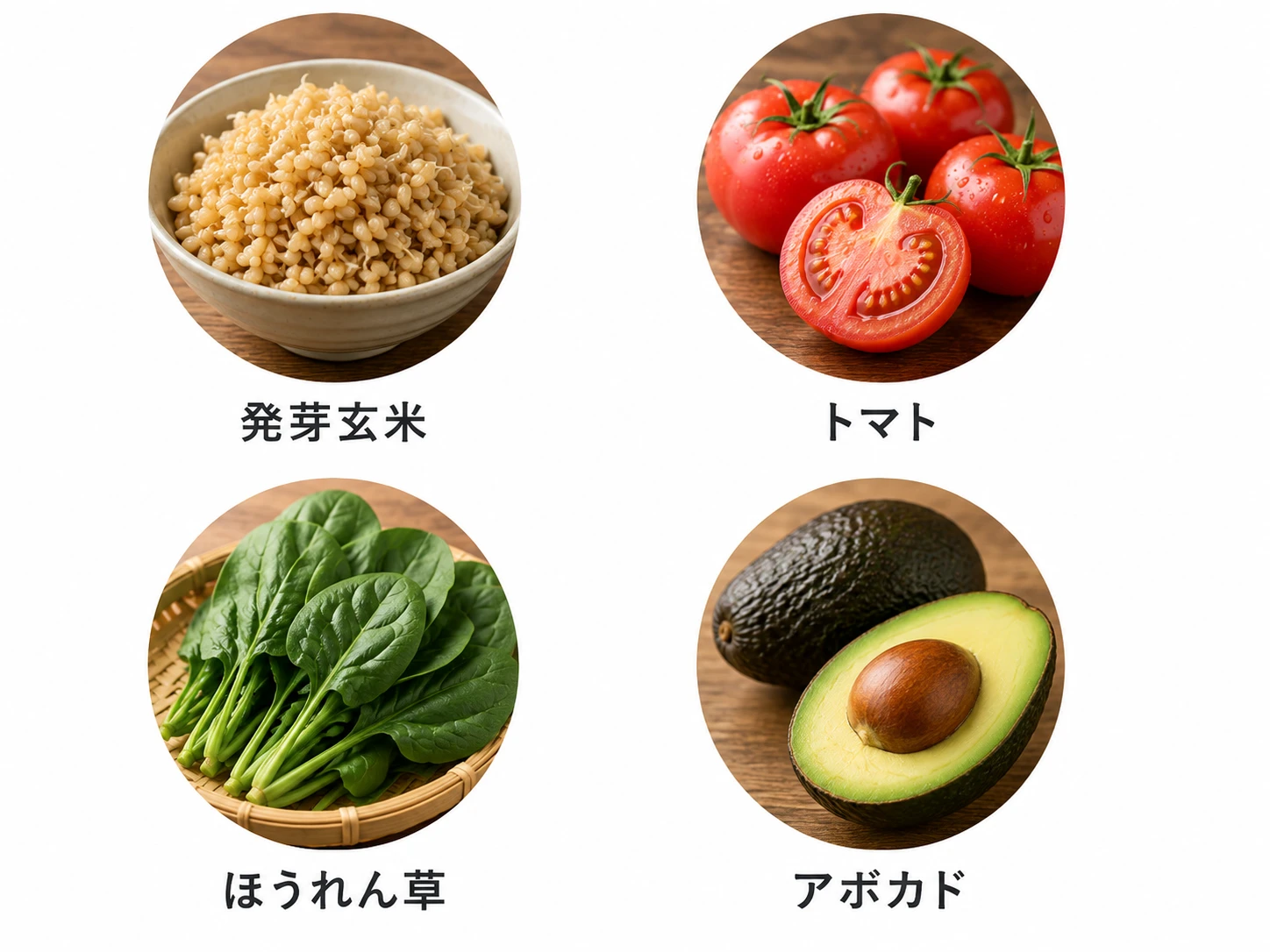 GABAを含む食品(発芽玄米、トマト、ほうれん草、アボカド)