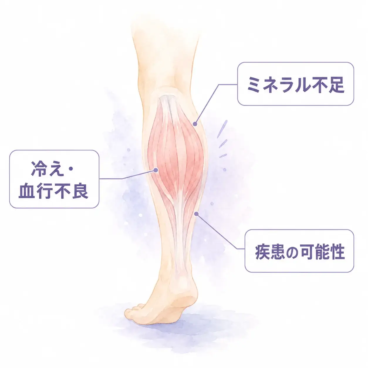 足がつる原因（ミネラル不足・冷え血行不良・疾患の可能性）の図解イメージ
