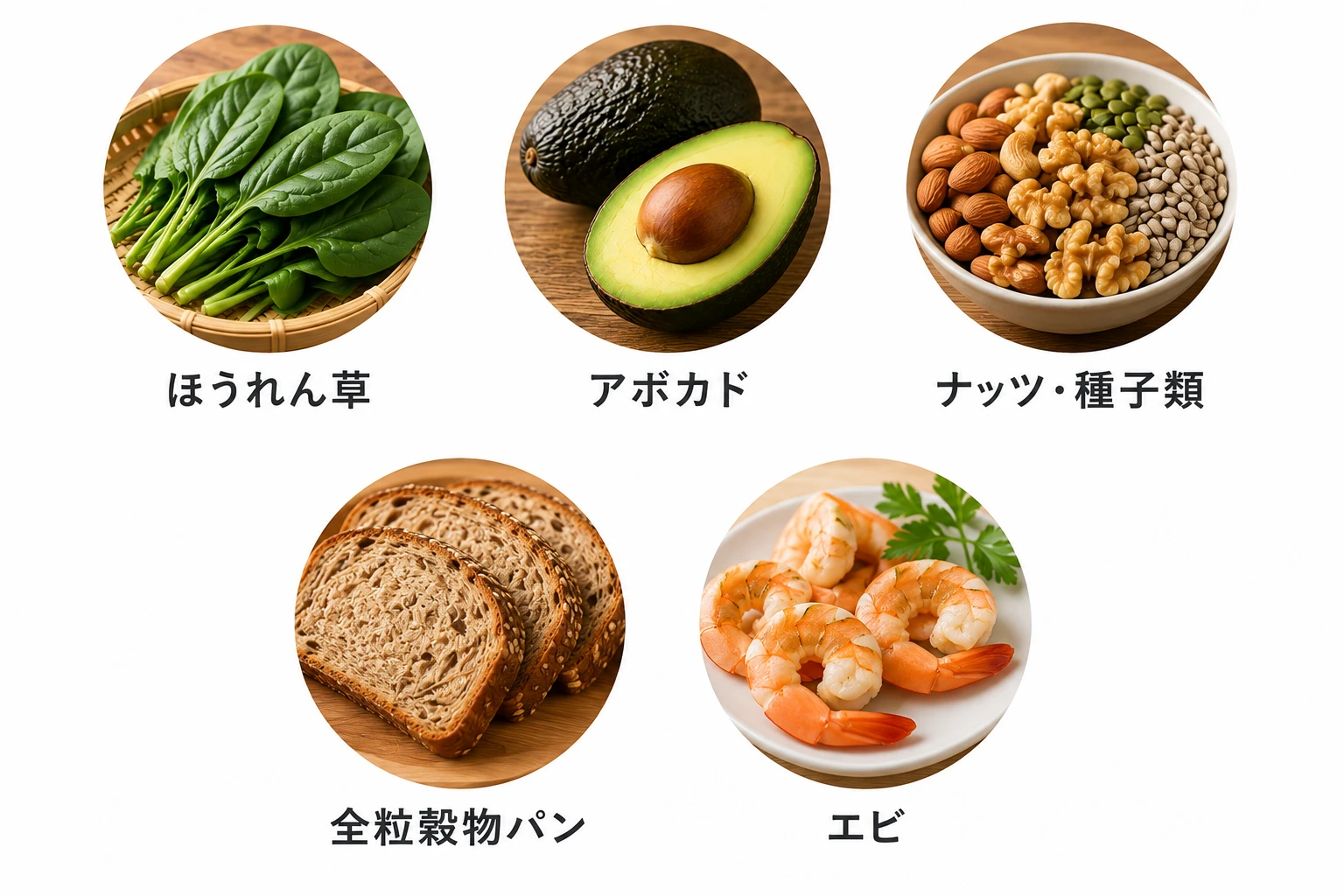 マグネシウムを含む食品(ほうれん草、アボカド、ナッツ・種子類、全粒穀物パン、エビ)