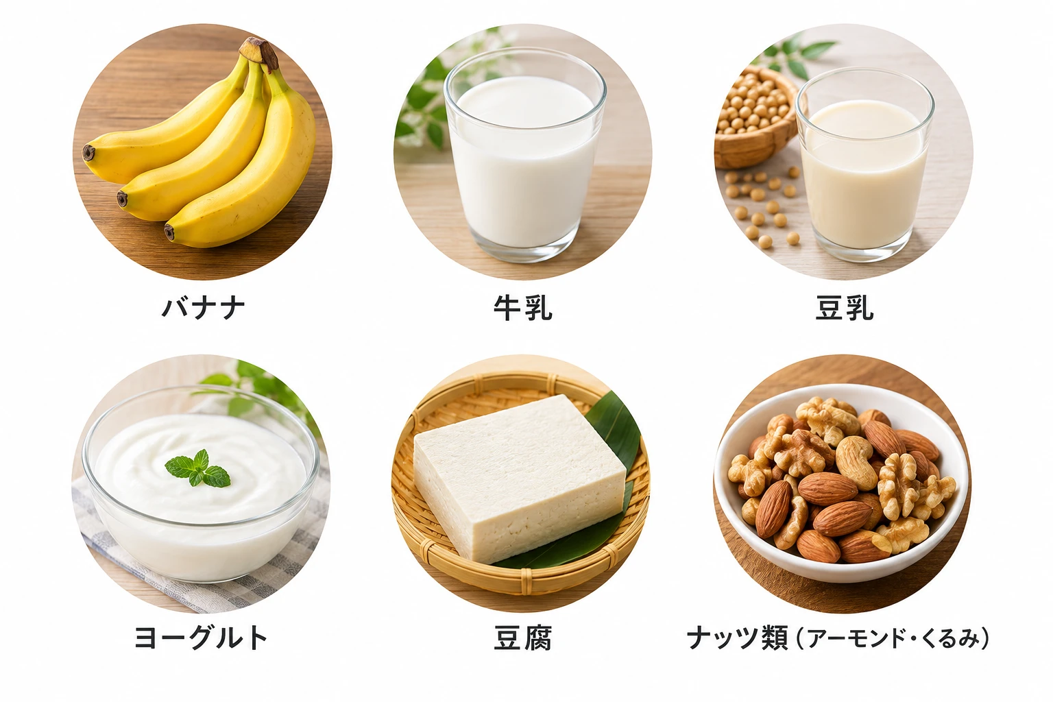 トリプトファンを含む食品(バナナ、牛乳、豆乳、ヨーグルト、豆腐、ナッツ類)