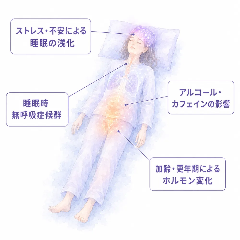 夜中に何度も目が覚める4つの原因(ストレス・不安による睡眠の浅化、アルコール・カフェインの影響、睡眠時無呼吸症候群、加齢・更年期によるホルモン変化)を示すイラスト