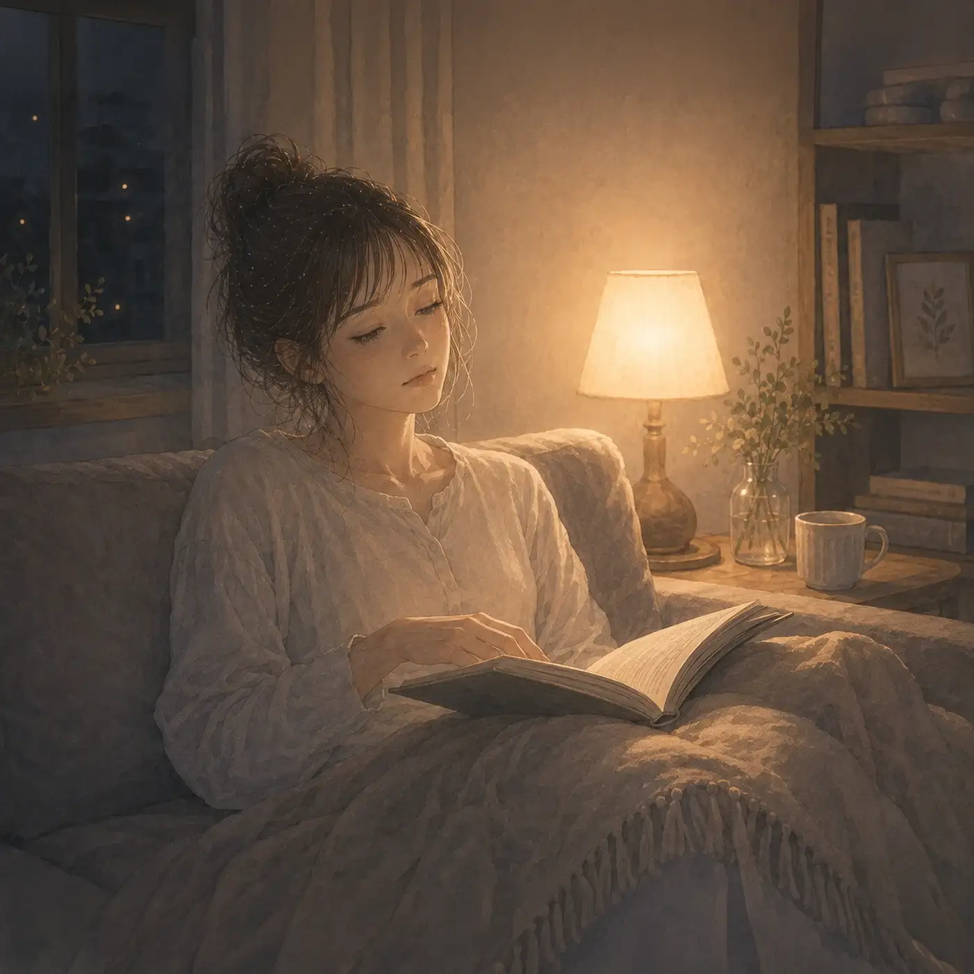 夜、読書の手が止まり眠気が訪れるイメージ