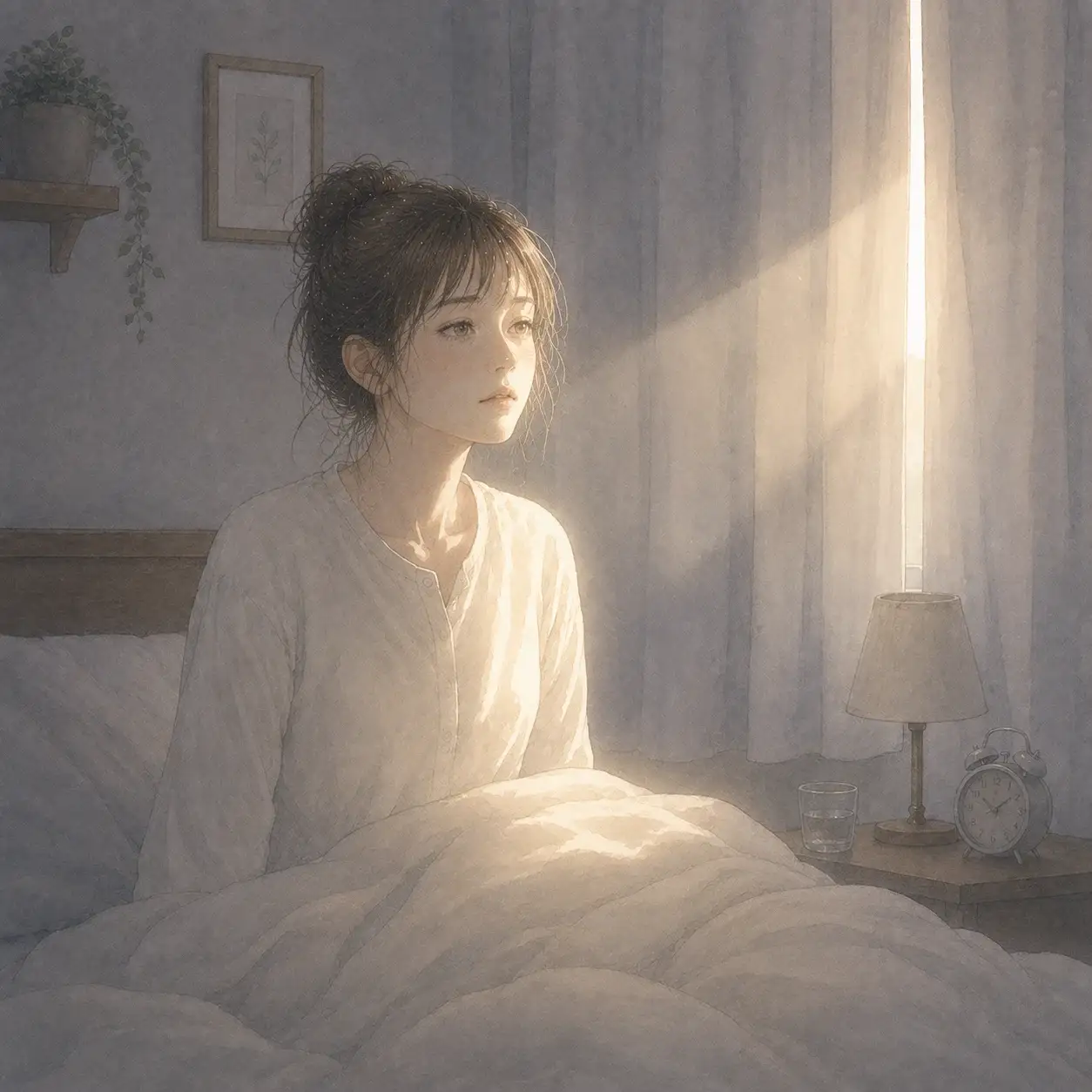 朝の光で目が覚める瞬間のイメージ