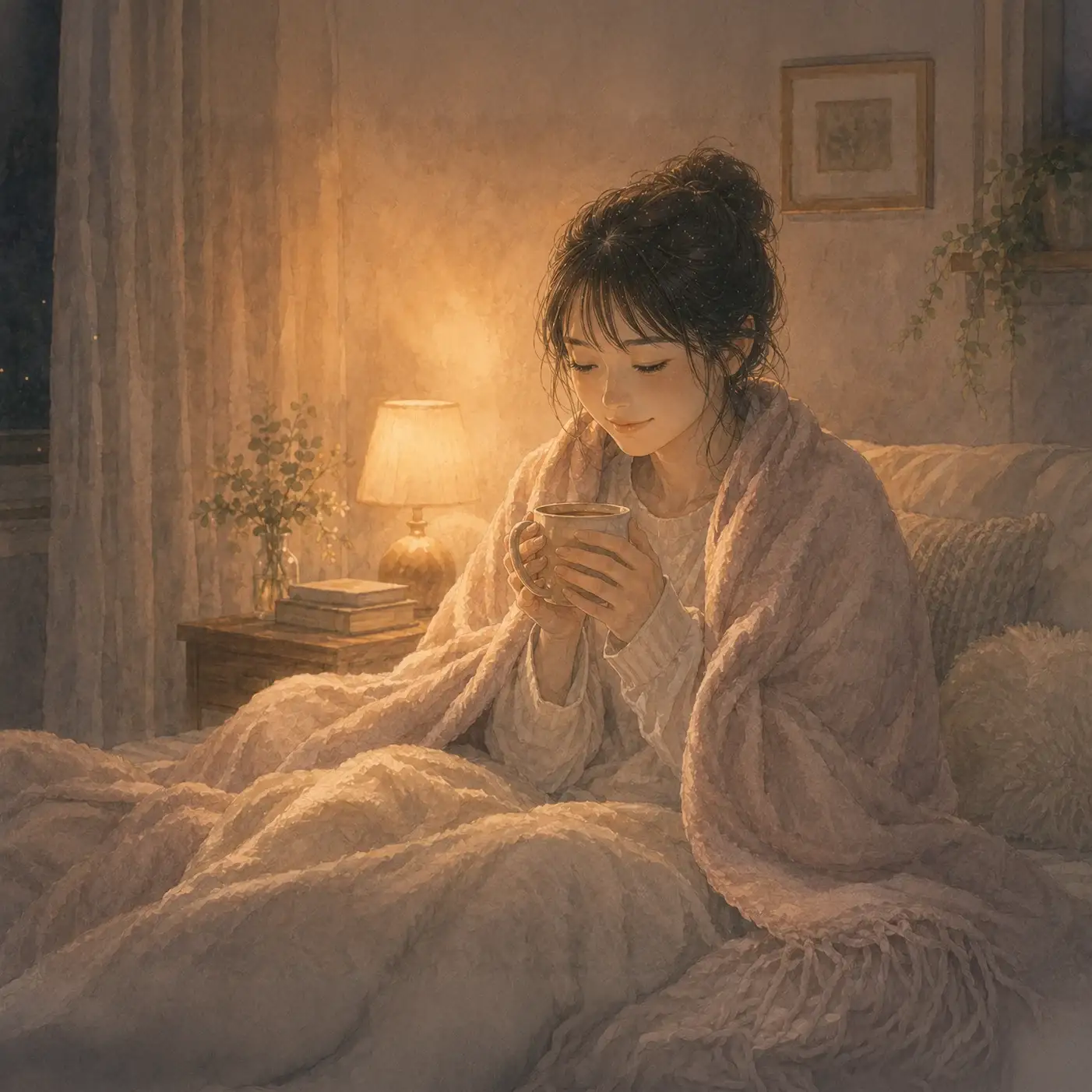 ブランケットにくるまって温かい飲み物を持つ女性のイラスト