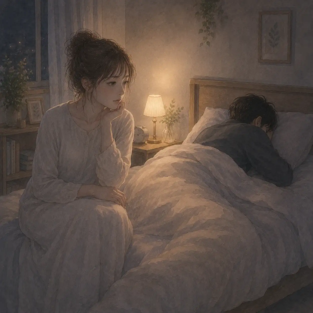 眠れないパートナーを心配して見守る人のイメージ
