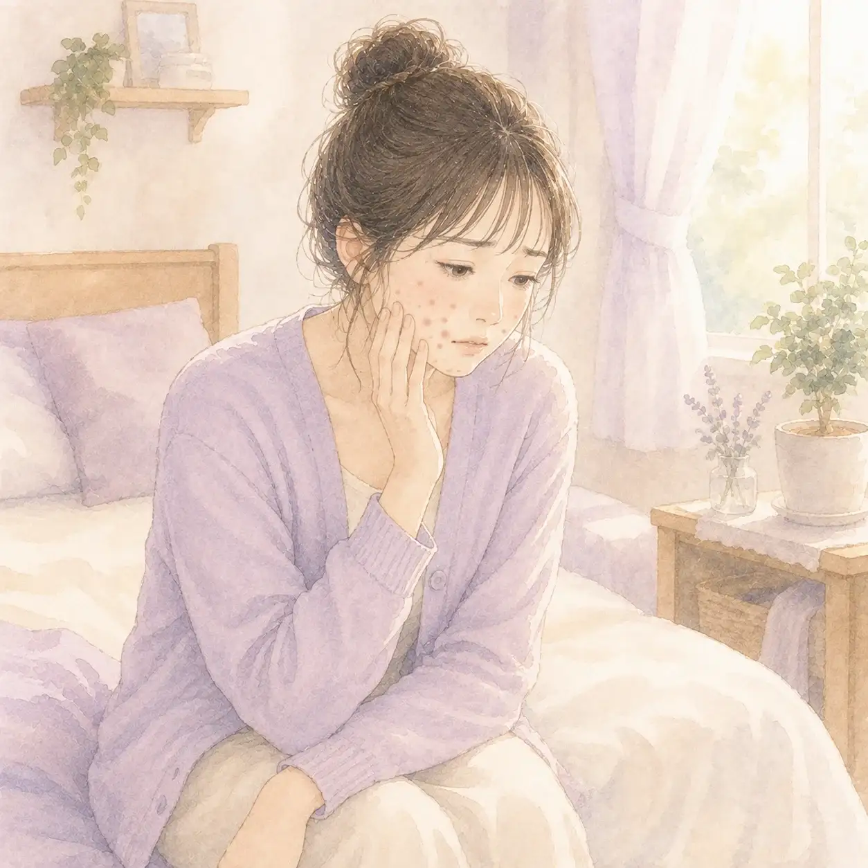 寝不足で肌が荒れて落ち込む女性のイラスト