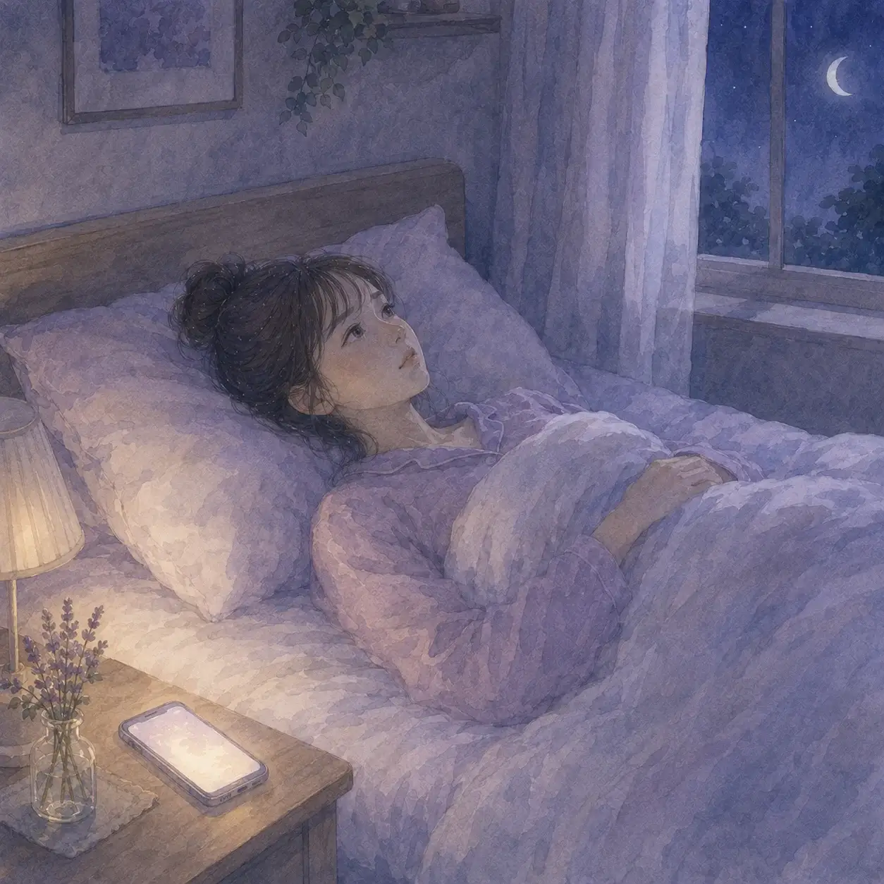 低気圧の日に眠れず天井を見つめる女性のイラスト