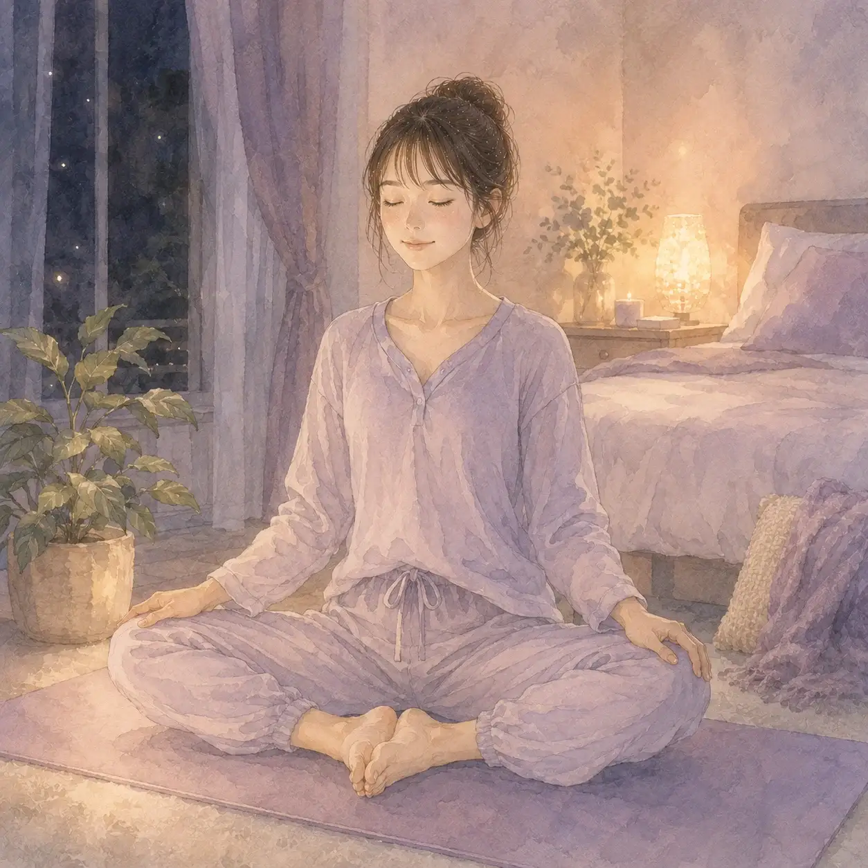 寝る前にがっせきのポーズでヨガをする女性のイラスト