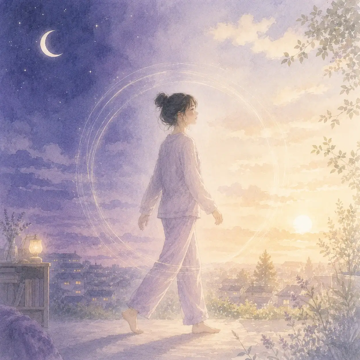 夜から朝へ歩き出す女性と体内時計をあらわす光のイラスト