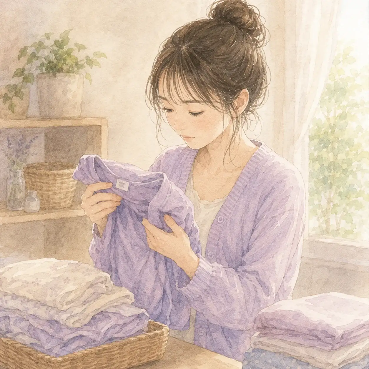 服のタグを見て、表示を確認している女性のイラスト