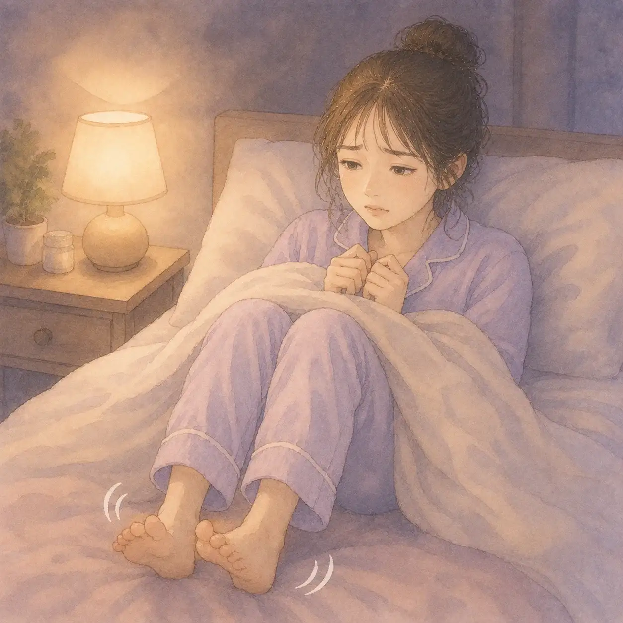 足が冷えて、布団の中で眠れずにいる女性のイラスト