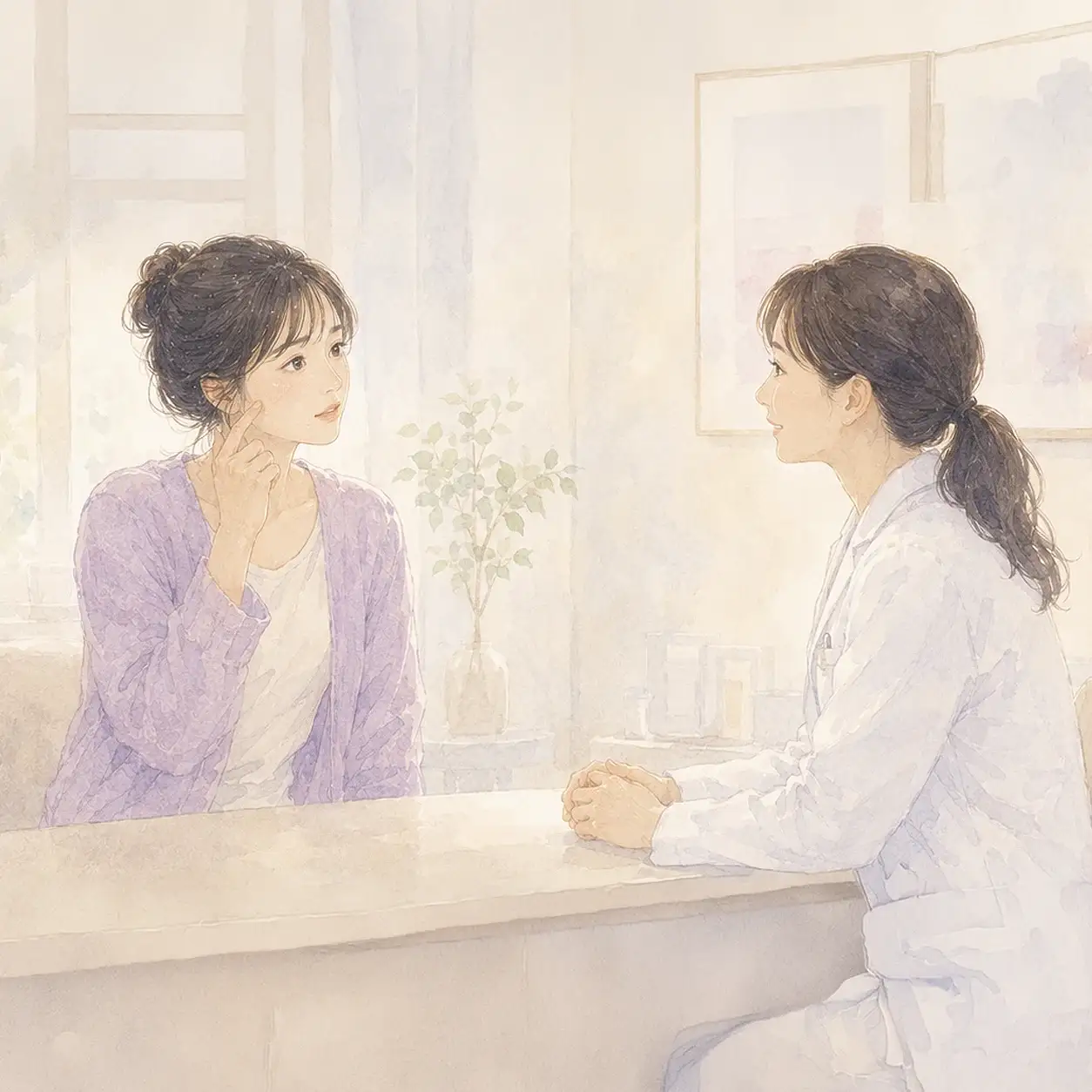 皮膚科で医師に相談する女性のイラスト