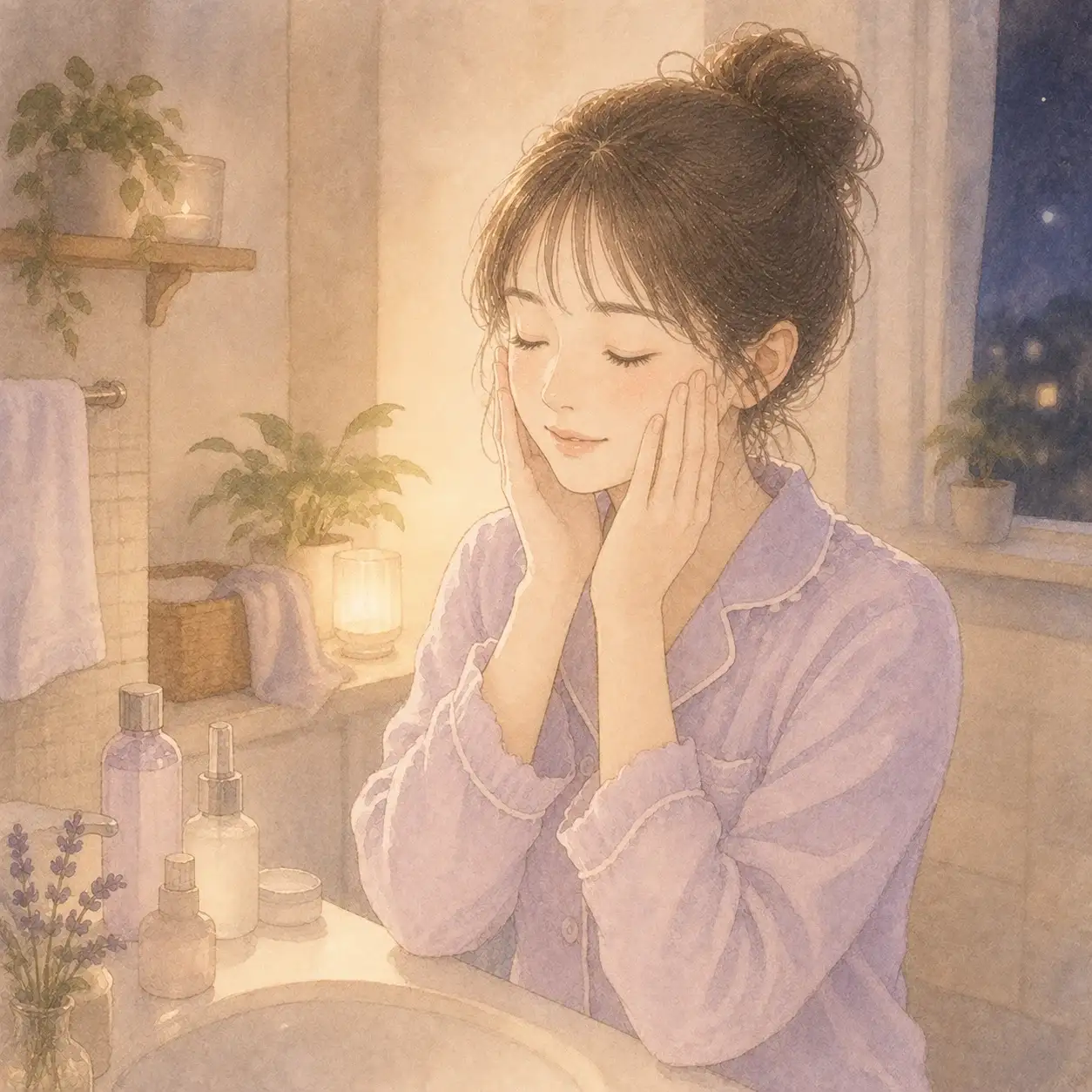 夜、寝る前に肌をやさしく保湿している女性のイラスト