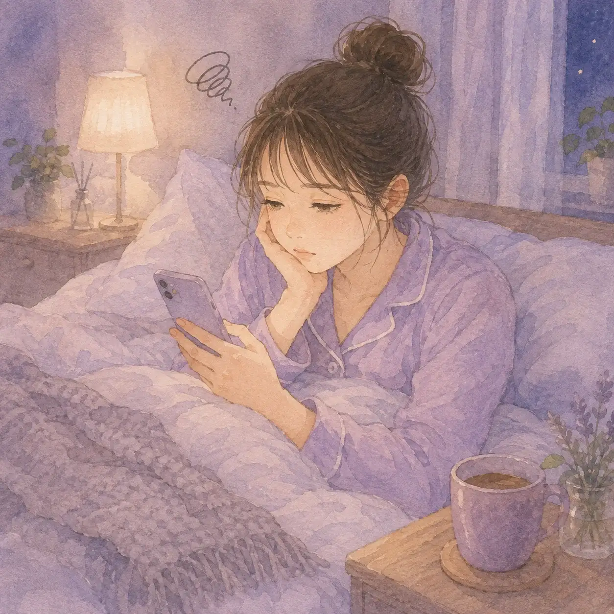 夜、ベッドでスマホを見ながらコーヒーを置いて眠れずにいる女性のイラスト