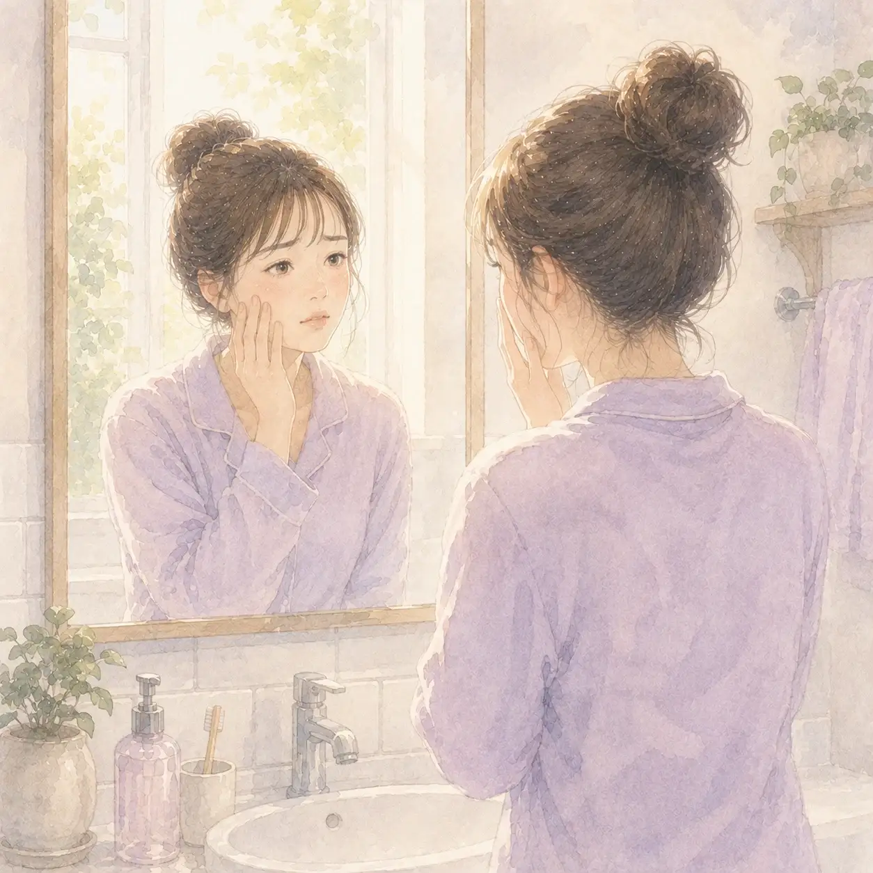 鏡で肌荒れを気にする女性のイラスト