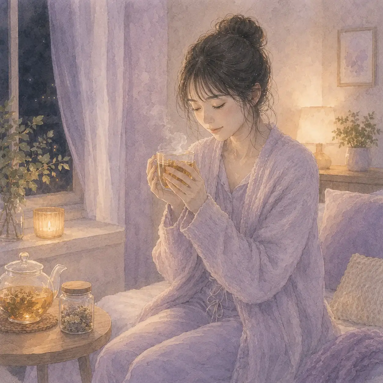 就寝前にハーブティーを飲む女性のイラスト